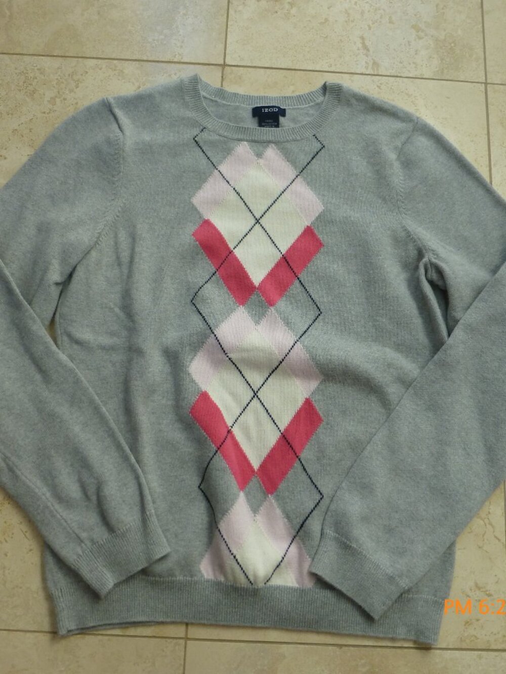 IZOD Gray Argyle Cotton Crew Neck Sweater Women's Size Small Classic Preppy